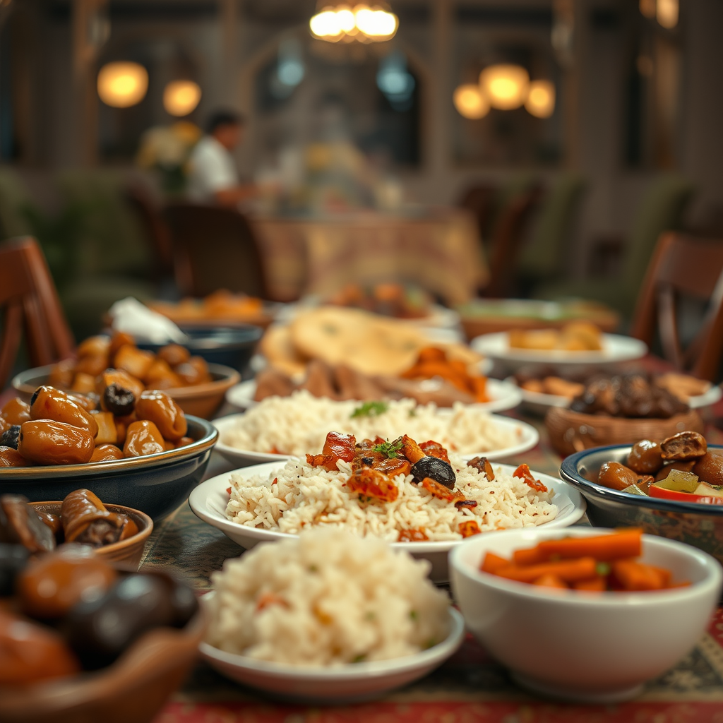 Ramadan meals, traditional foods served during Iftar with dates, rice dishes, grilled meats, breads, and colorful salads, set on a table with warm inviting lighting